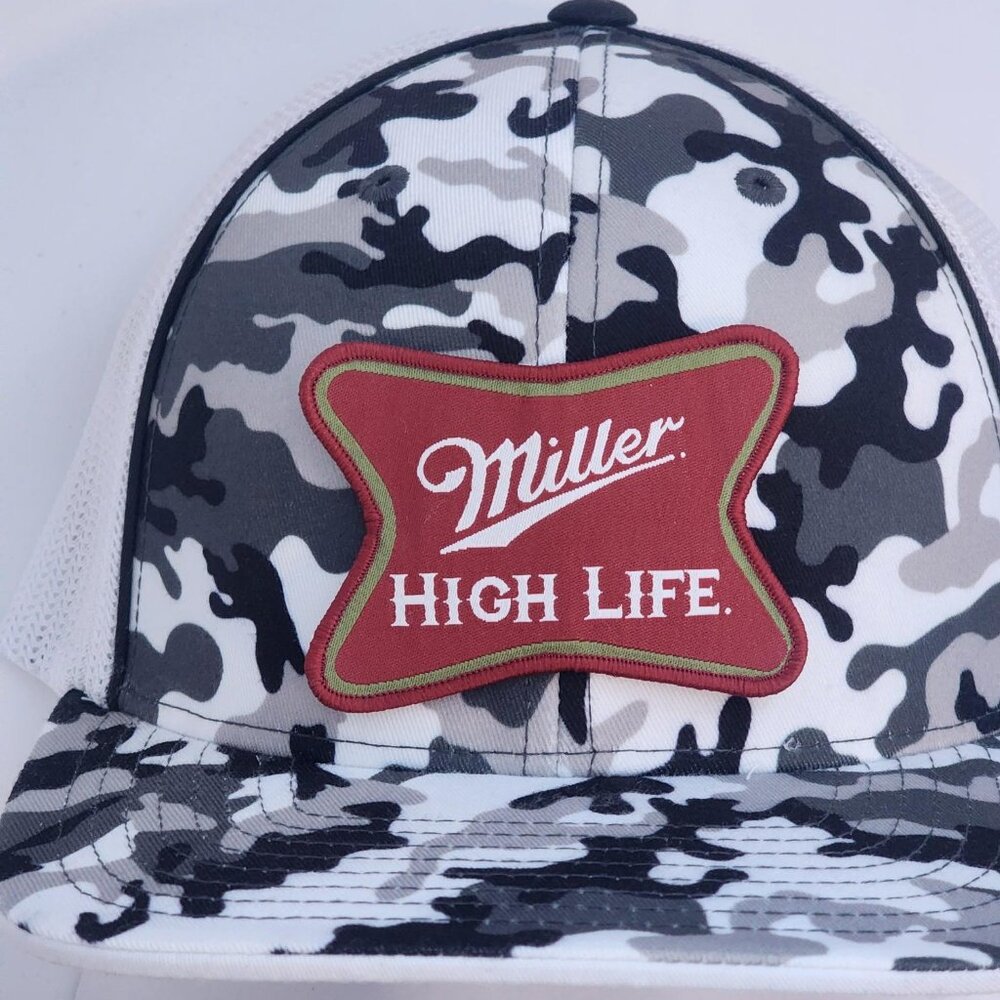 Miller High Life Patched Pacific Headwear Snow Camo Flexfit Trucker Hat